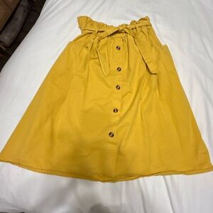 Mustard Yellow Button-Down Women's Skirt, large pockets bow tie cinch waist